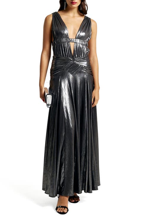 Metallic Plunge Neck Maxi Dress