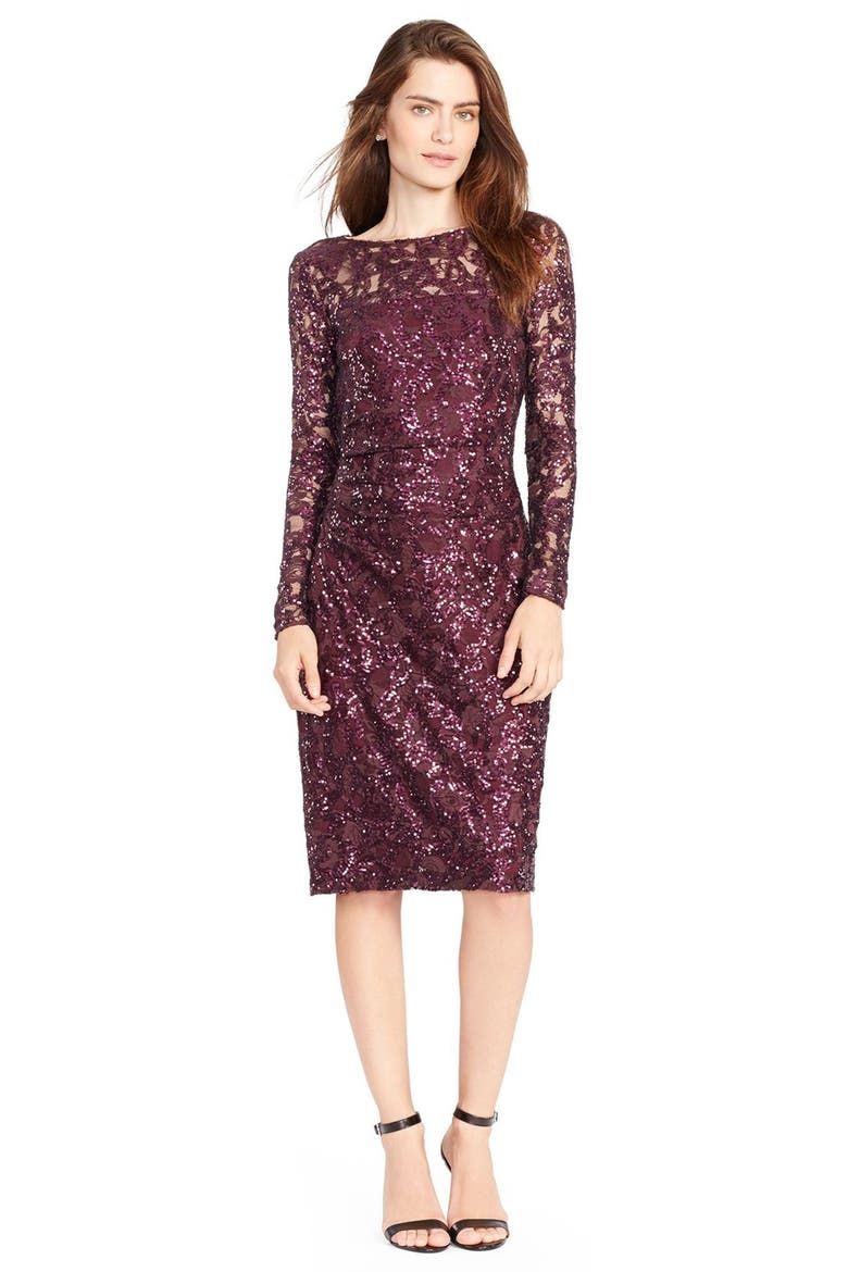 Sequin Lace Sheath Dress, Main, color, MARAKESH MAROON SHINE