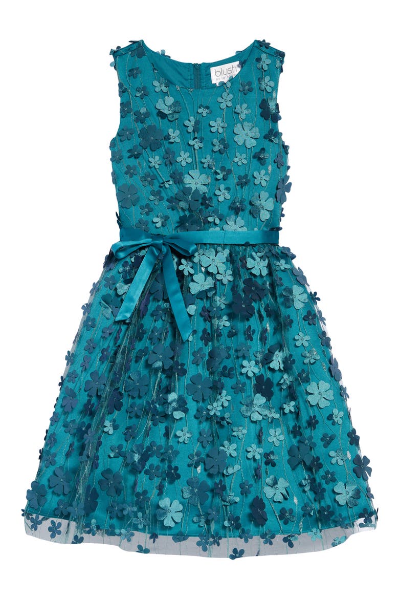 Kids' Embroidered Floral Mesh Dress, Main, color, TEAL