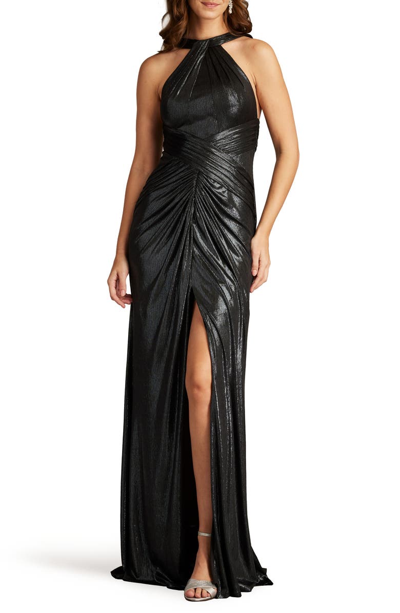 Tadashi Shoji Twist Halter Neck Metallic Jersey Gown, Main, color, 