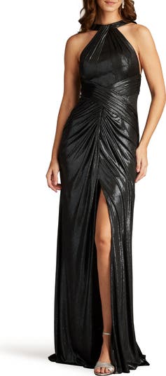 Tadashi Shoji Twist Halter Neck Metallic Jersey Gown | Nordstrom