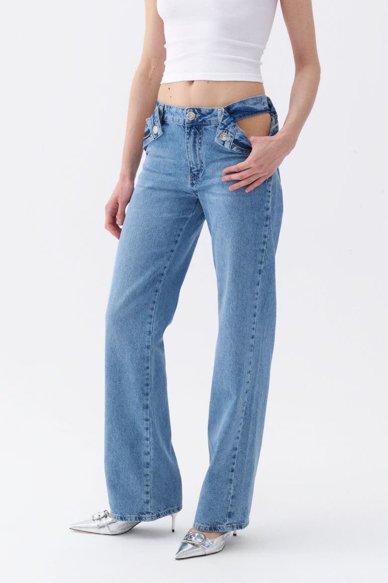 Cut-Out Detailed High Waist Jeans, Main, color, Indigo Blue