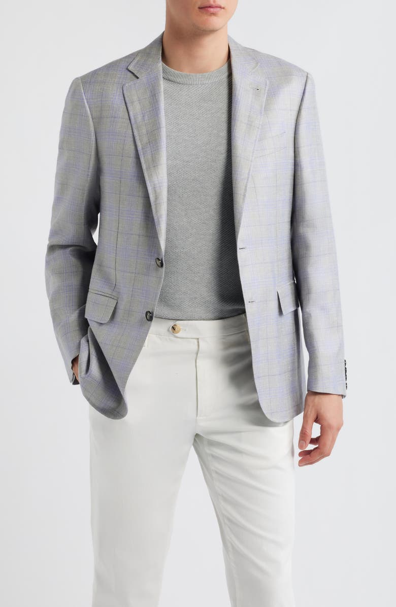 Canali Kei Trim Fit Light Grey Plaid Cashmere & Linen Blend Sport Coat, Main, color, Light Grey