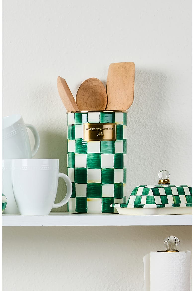 Emerald Check Enameled Steel Utensil Holder, Alternate, color, EMERALD