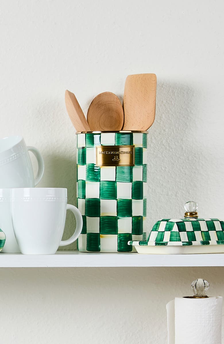 MACKENZIE CHILDS Emerald Check Enameled Steel Utensil Holder, Alternate, color, Emerald