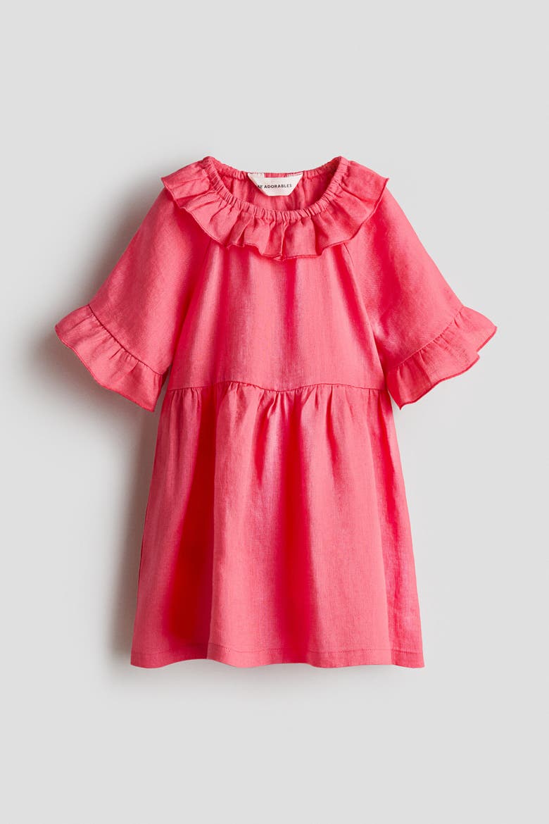 Frill-collared Linen Dress, Alternate, color, Coral red
