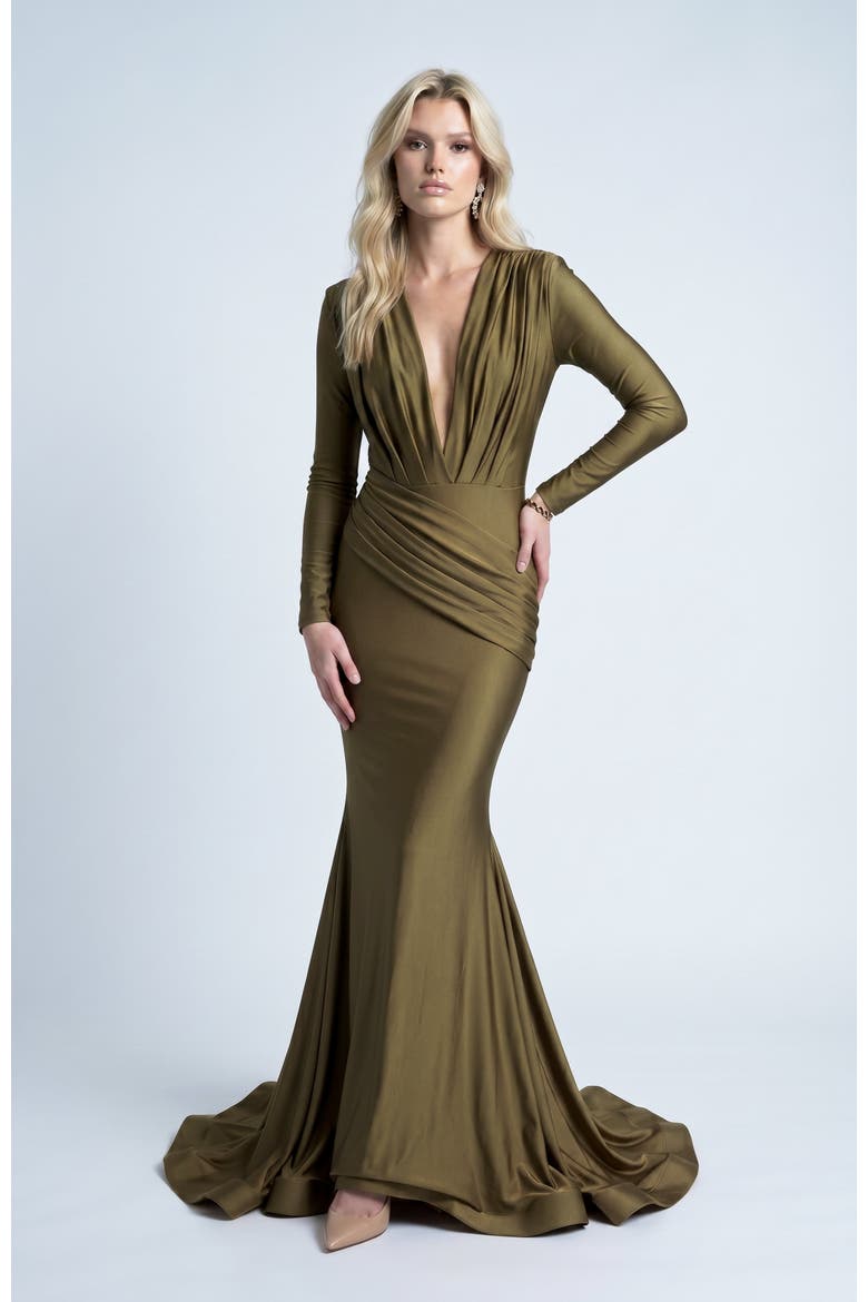 Long Sleeve Plunge V-Neck Ruched Mermaid Gown, Main, color, Forest Green