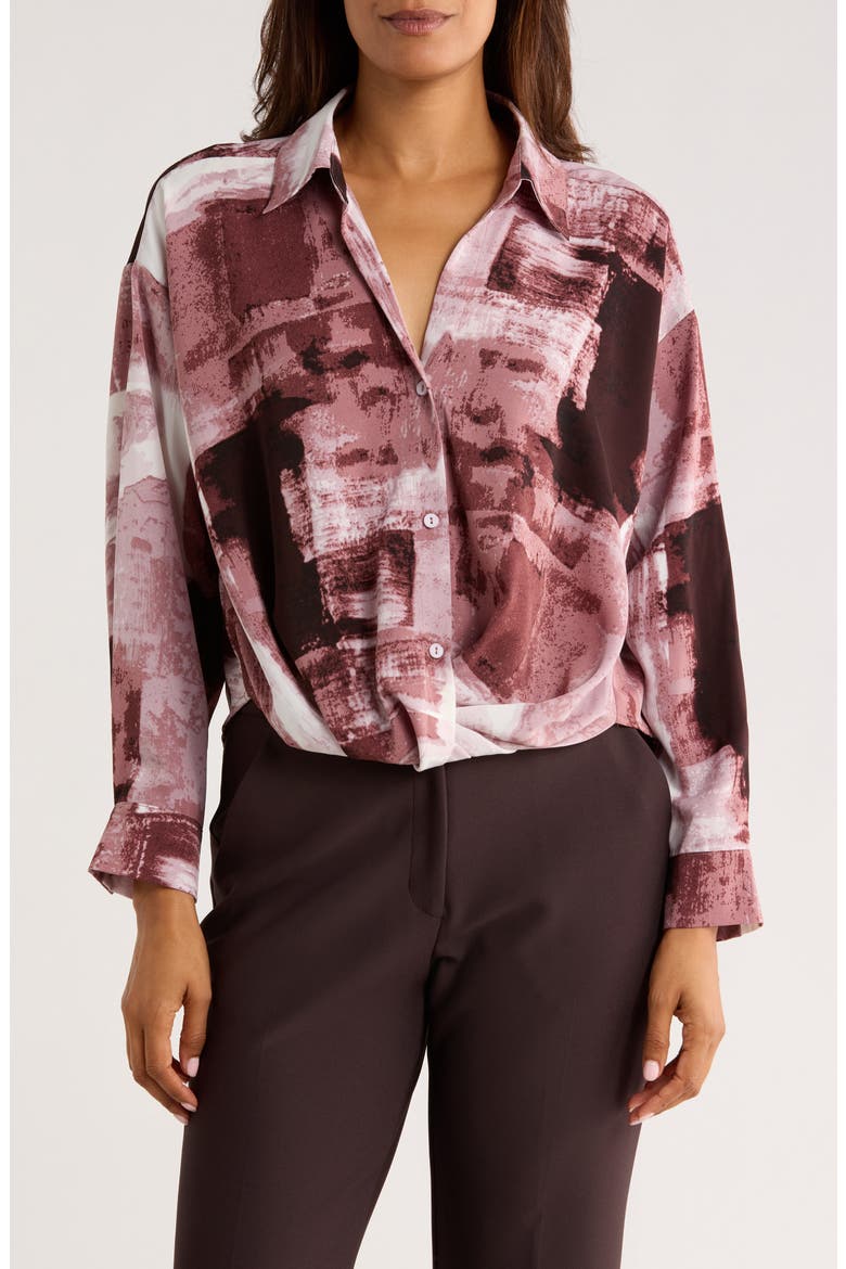Abstract Print Gathered Button-Up Shirt, Main, color, PINK