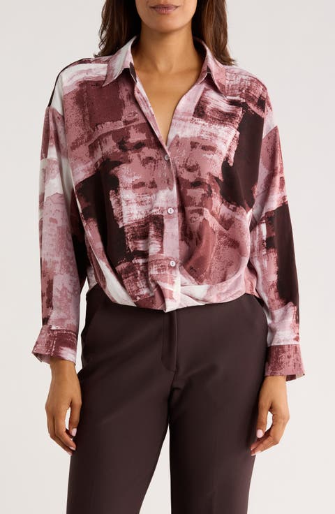 Abstract Print Gathered Button-Up Shirt