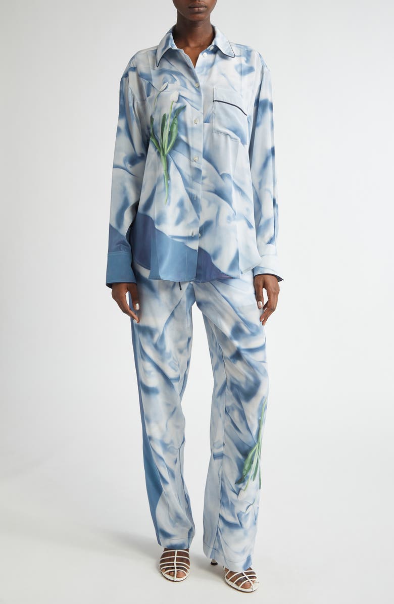 Victoria Beckham Pleat Detail & Flowers Trompe l'Oeil Silk Satin Pants, Alternate, color,