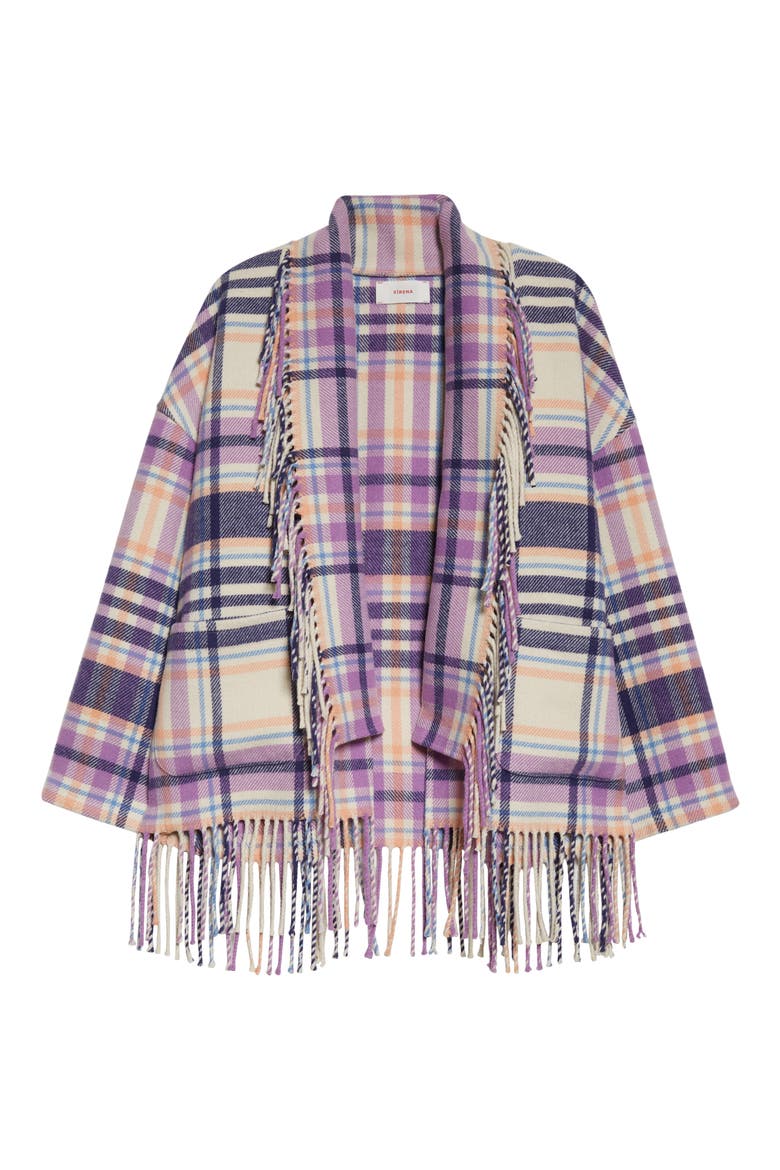 Austyn Plaid Fringed Open Front Jacket, Alternate, color, INDIGO