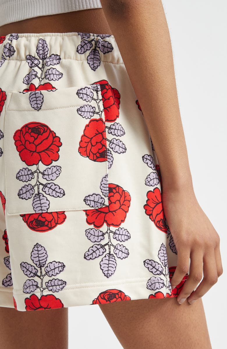 Marimekko Miksaus Vihkiruusu Kioski Rose Print Cotton Fleece Drawstring Shorts, Alternate, color, 