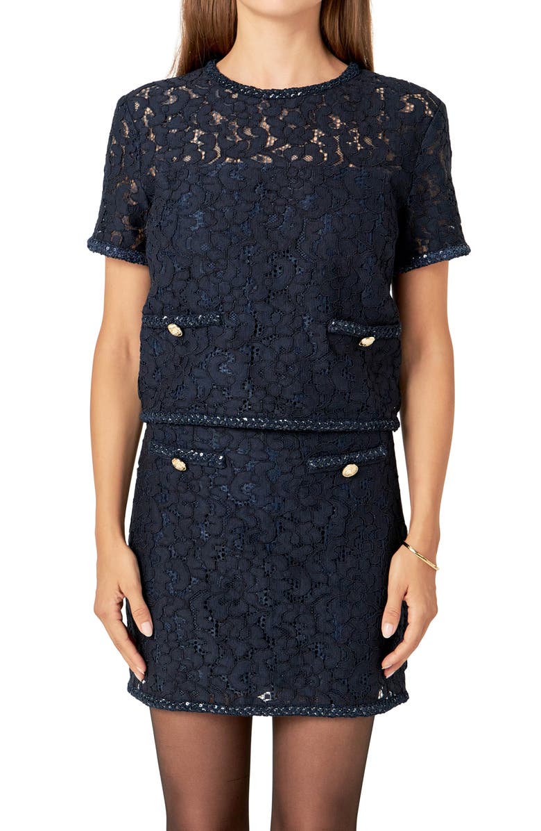 English Factory Lace & Sequin Top, Main, color, Navy
