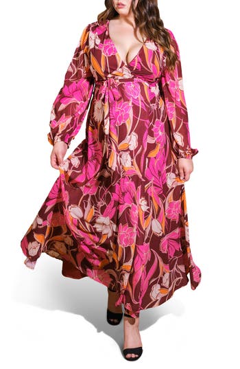 Flying Tomato Long Sleeve Tiered Maxi Wrap Dress In Pink