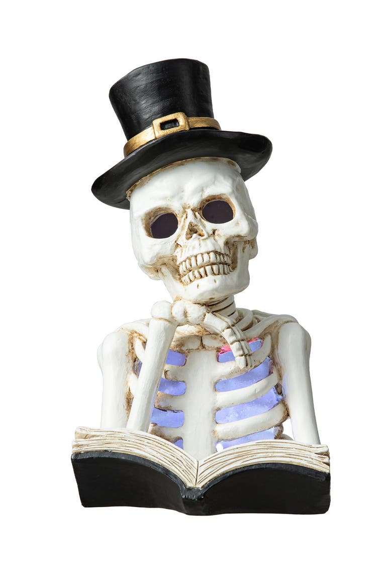 10.25"H Halloween Lighted Resin Skull Reading Book Table Decor, Main, color, White