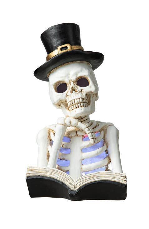 10.25"H Halloween Lighted Resin Skull Reading Book Table Decor