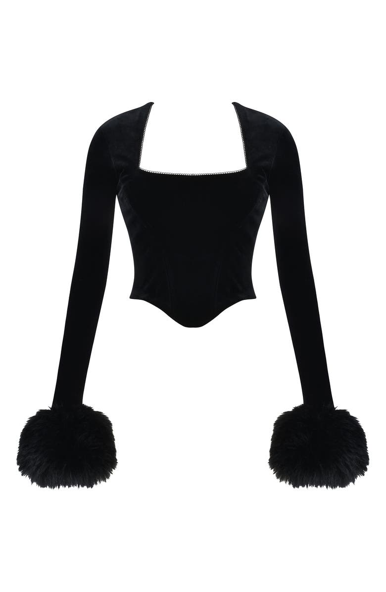 HOUSE OF CB Catriona Faux Fur Long Sleeve Corset Top, Alternate, color, Black