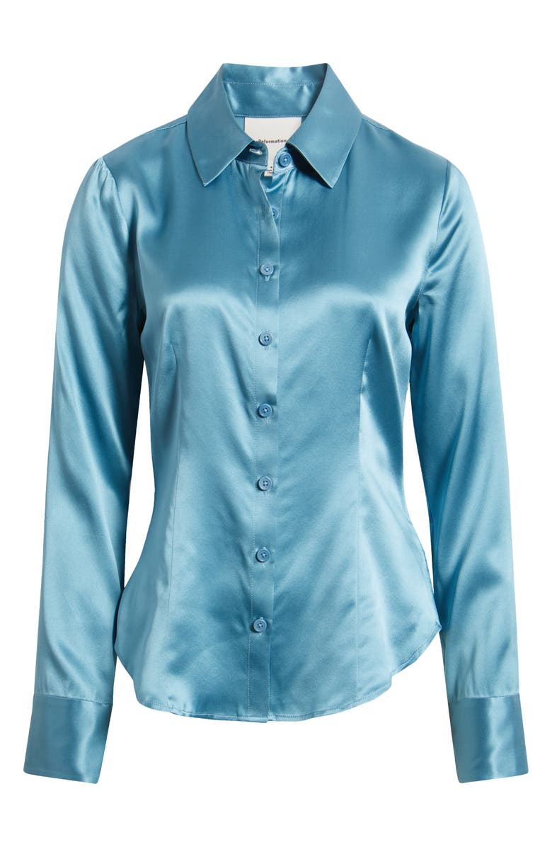 Reformation Raya Silk Button-Up Shirt, Main, color, Siren