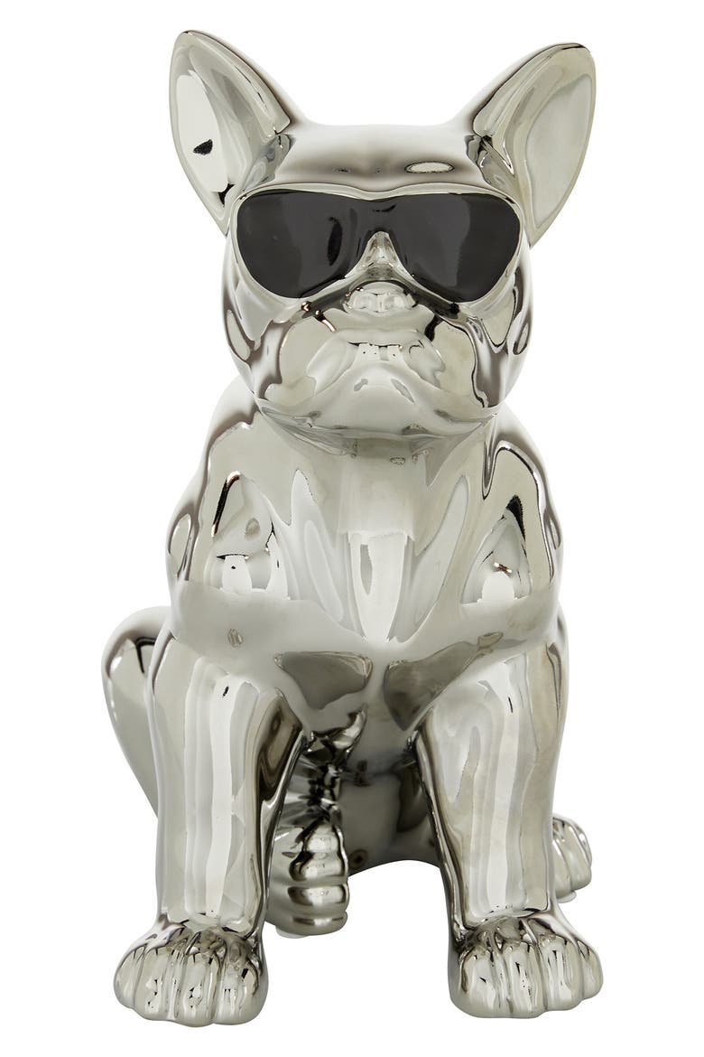 Silvertone Ceramic Bulldog Sculpture with Sunglasses, Alternate, color, SILVER
