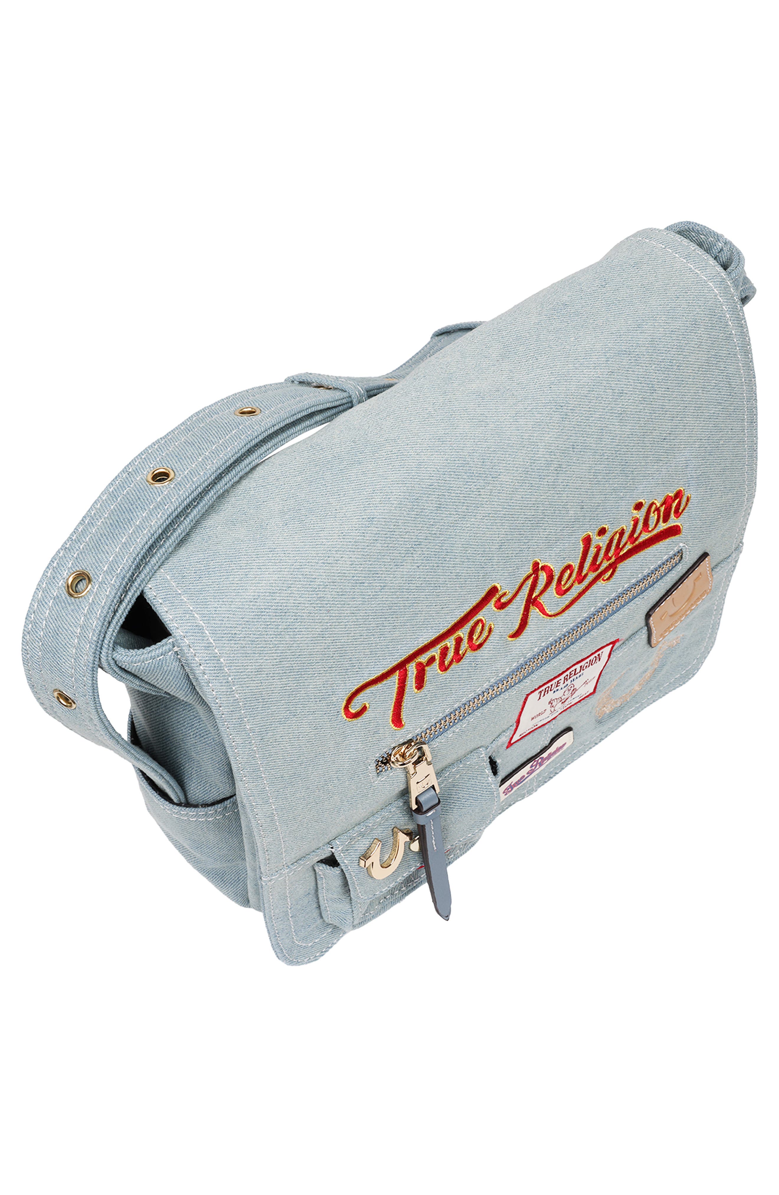 True Religion Multipatch Denim Messenger Bag, Alternate, color, Denim