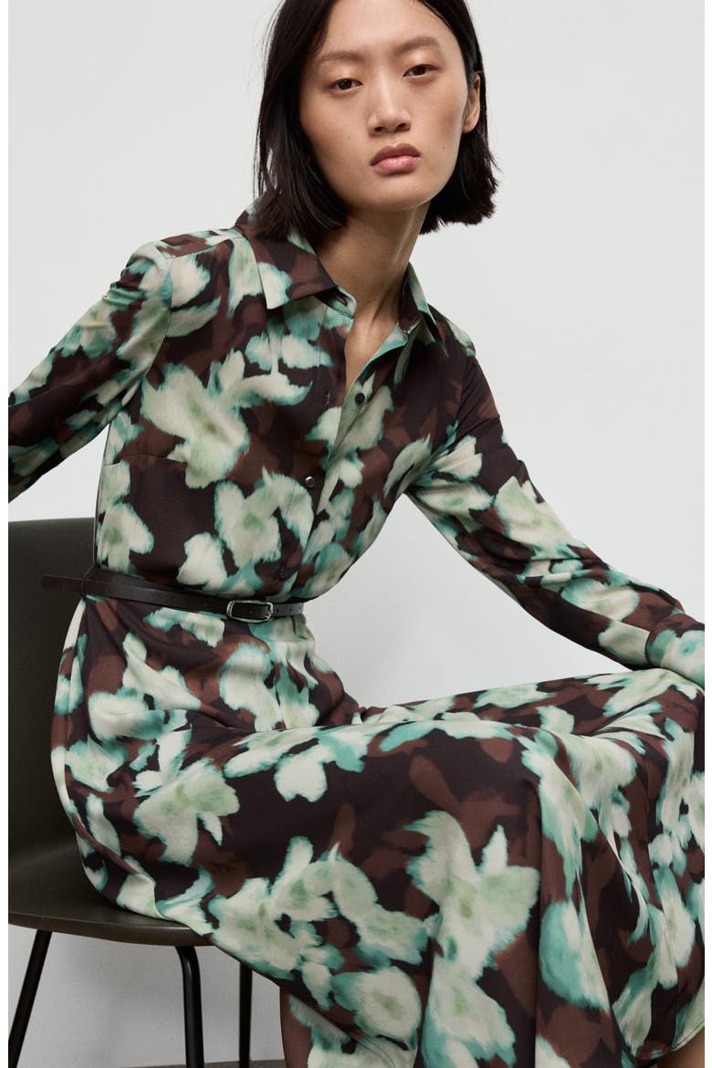 Print Belted Long Sleeve Maxi Shirtdress, Alternate, color, TEAL AND BROWN BLOOMS