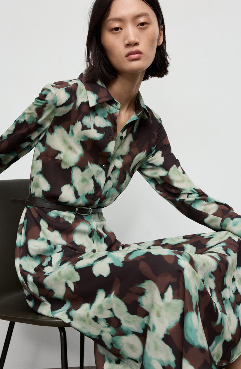 MANGO Print Belted Long Sleeve Maxi Shirtdress, Alternate, color, Teal And Brown Blooms