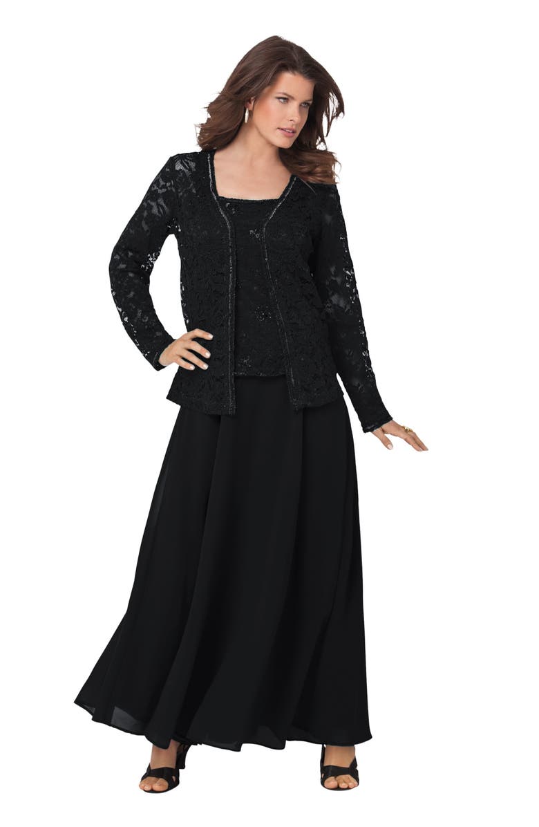 Roaman's Plus-Size 2 Piece Long Sleeve Embellished Lace Jacket And Full Gown, Main, color, Black