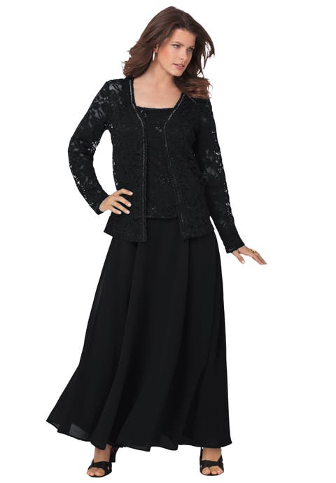 Plus-Size 2 Piece Long Sleeve Embellished Lace Jacket And Full Gown (Plus)