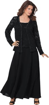 Roaman's Plus-Size 2 Piece Long Sleeve Embellished Lace Jacket And Full Gown