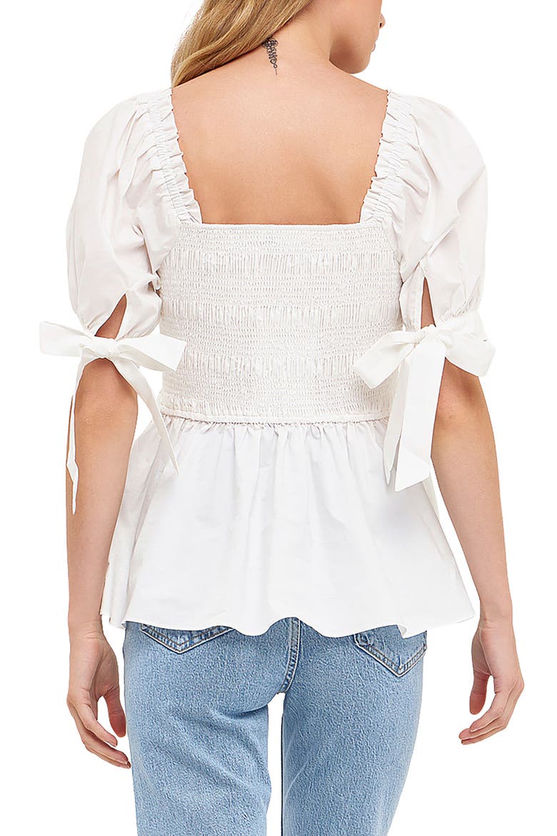Smocked Tie Cuff Peplum Top, Alternate, color, IVORY