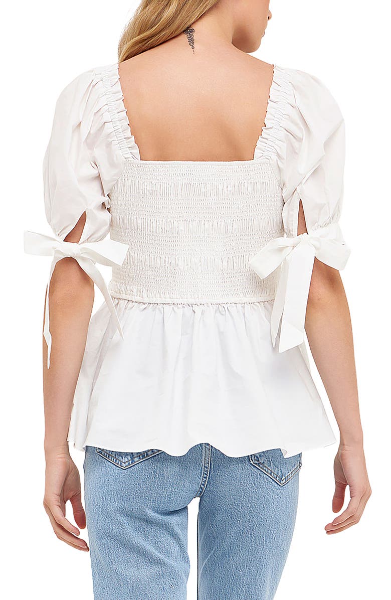 English Factory Smocked Tie Cuff Peplum Top, Alternate, color, Ivory