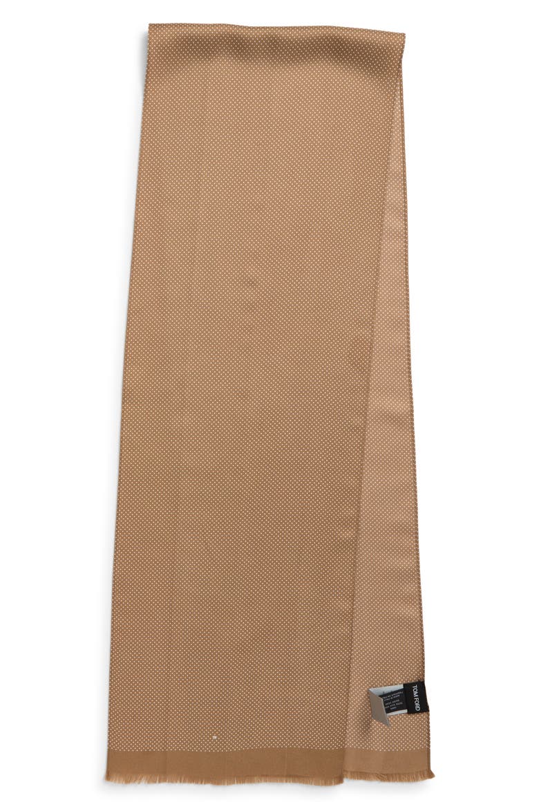 Polka Dot Silk Twill Fringe Scarf, Main, color, CAMEL/ OFF WHITE