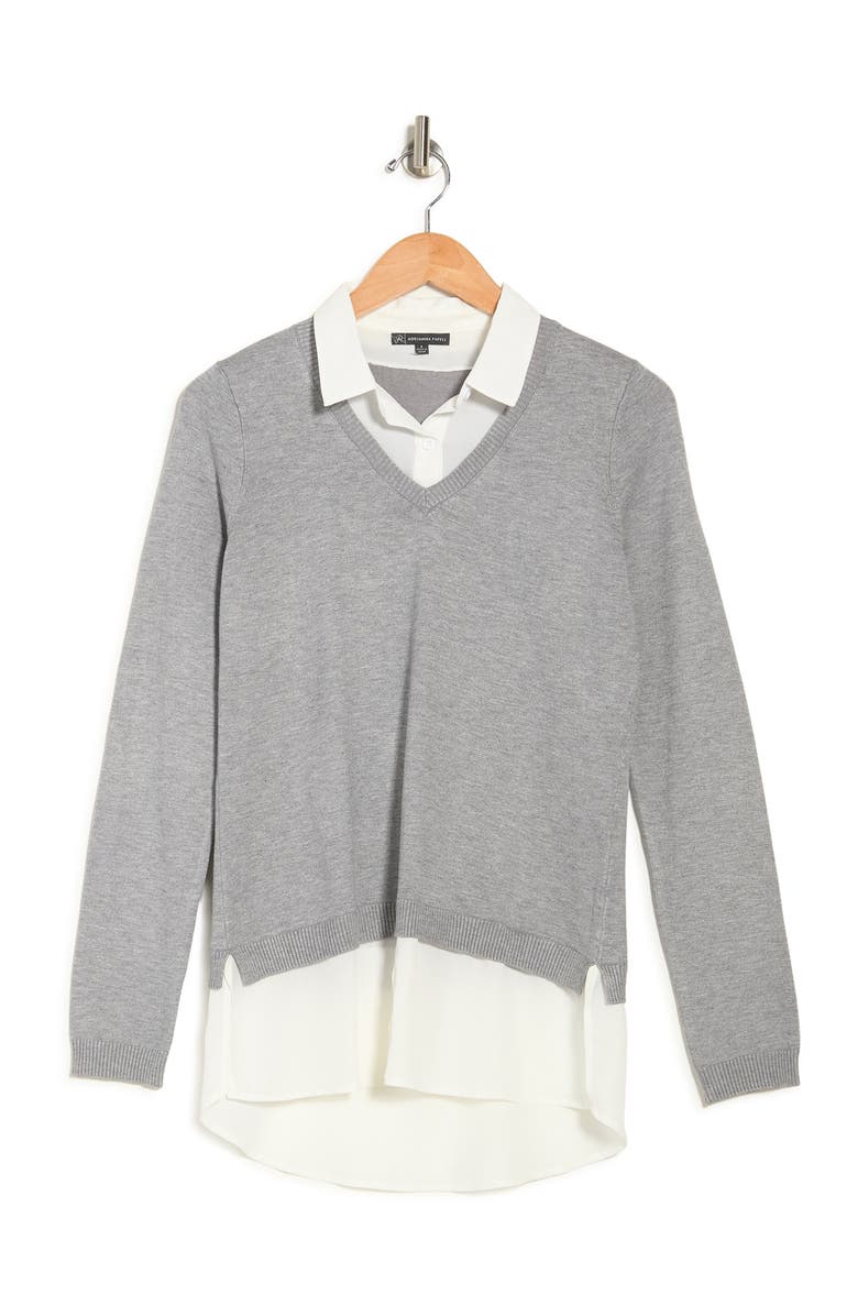 Adrianna Papell V-Neck Twofer Sweater, Alternate, color, Heather Grey/Ivory