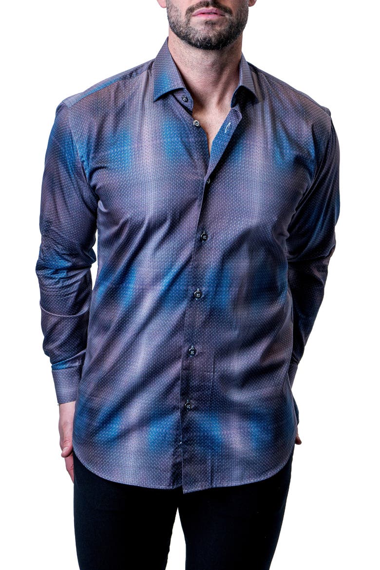 Fibonacci Shiny Chrome Multi Button-Up Shirt, Alternate, color, BLUE MULTI
