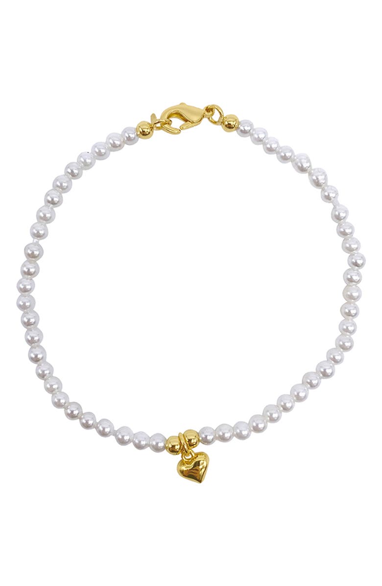 Adornia 2mm Faux Seed Pearl & Heart Charm Bracelet, Main, color, White
