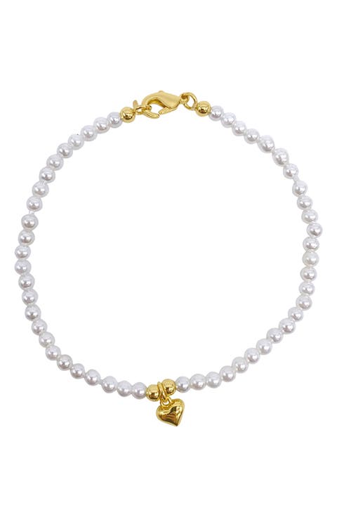 2mm Faux Seed Pearl & Heart Charm Bracelet