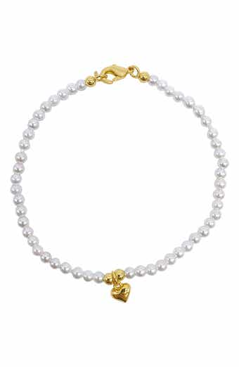 2mm Faux Seed Pearl & Heart Charm Bracelet