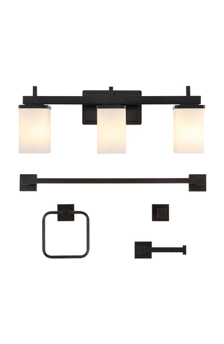 JONATHAN Y Caia 22.38" 3-Light Modern Contemporary Vanity Light with Frosted Glass Shades and Bathroom Hardware Accessory Set, Main, color, 