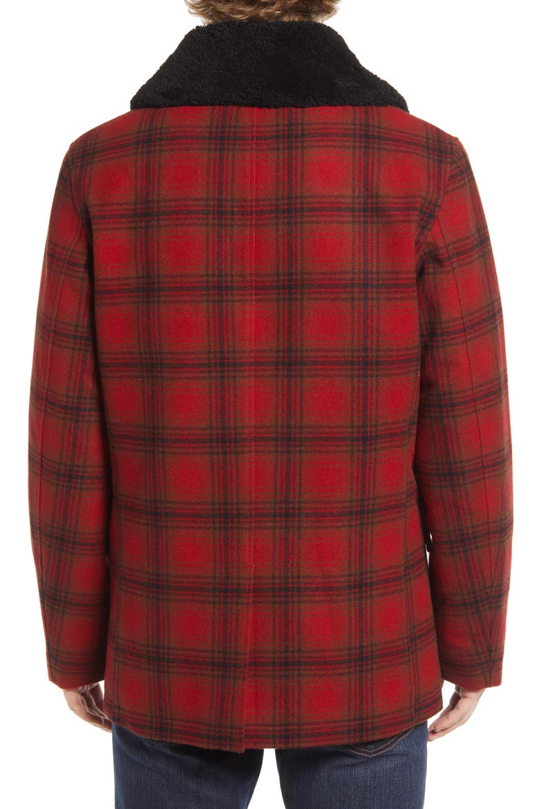 Tribeca Genuine Shearling Trim Plaid Coat, Alternate, color, RED/CHARCOAL/DEEP OLIVE PLAID