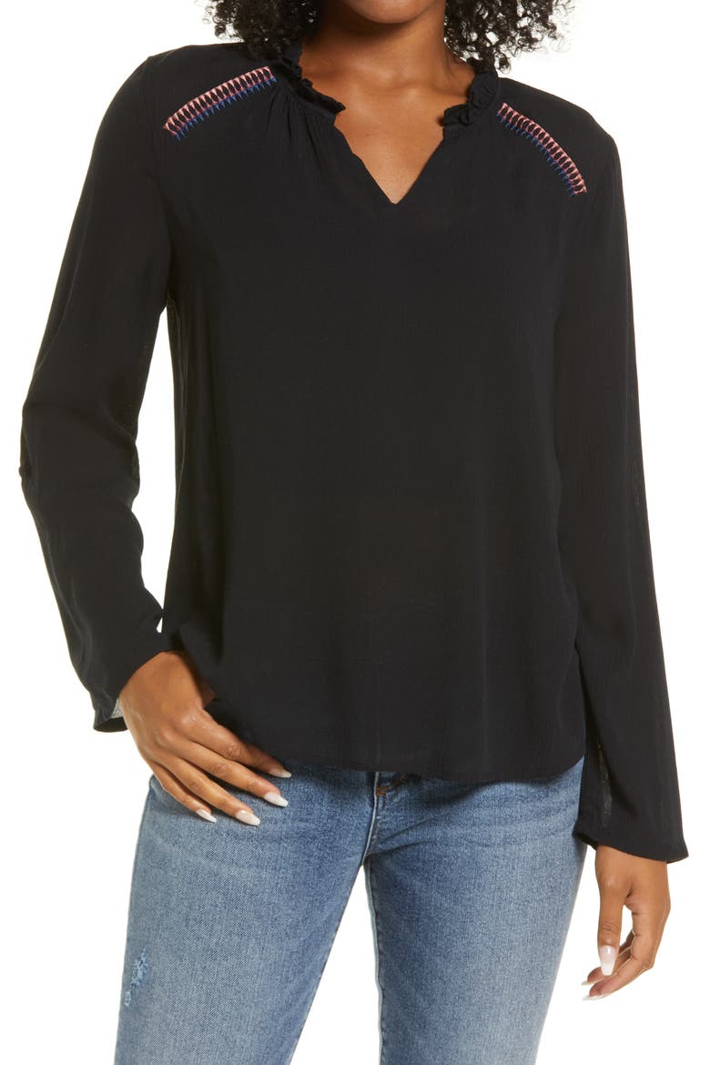 Embroidered Long Sleeve Blouse, Main, color, PIRATE BLACK