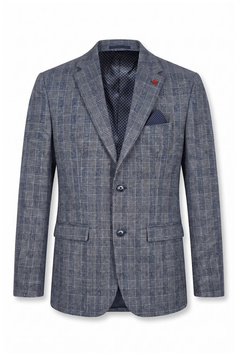 Plaid Linen & Cotton Blazer, Alternate, color, NAVY