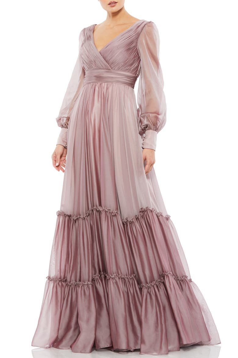 Long Sleeve Satin & Chiffon Tiered Gown, Main, color, MOCHA