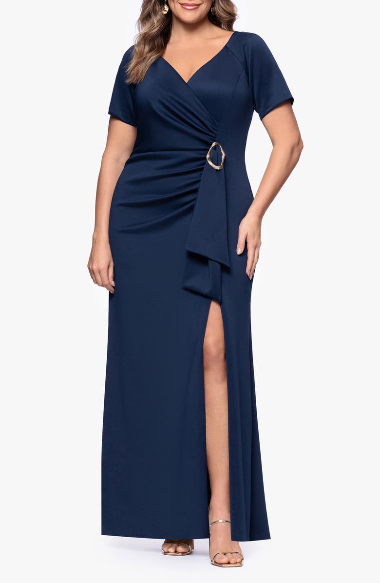 Xscape Evenings Ruched Drape Gown, Main, color,