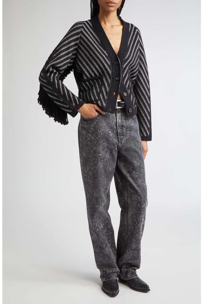 Journey Olivia Fringe Trim Virgin Wool Cardigan, Alternate, color, BLACK/ WHITE