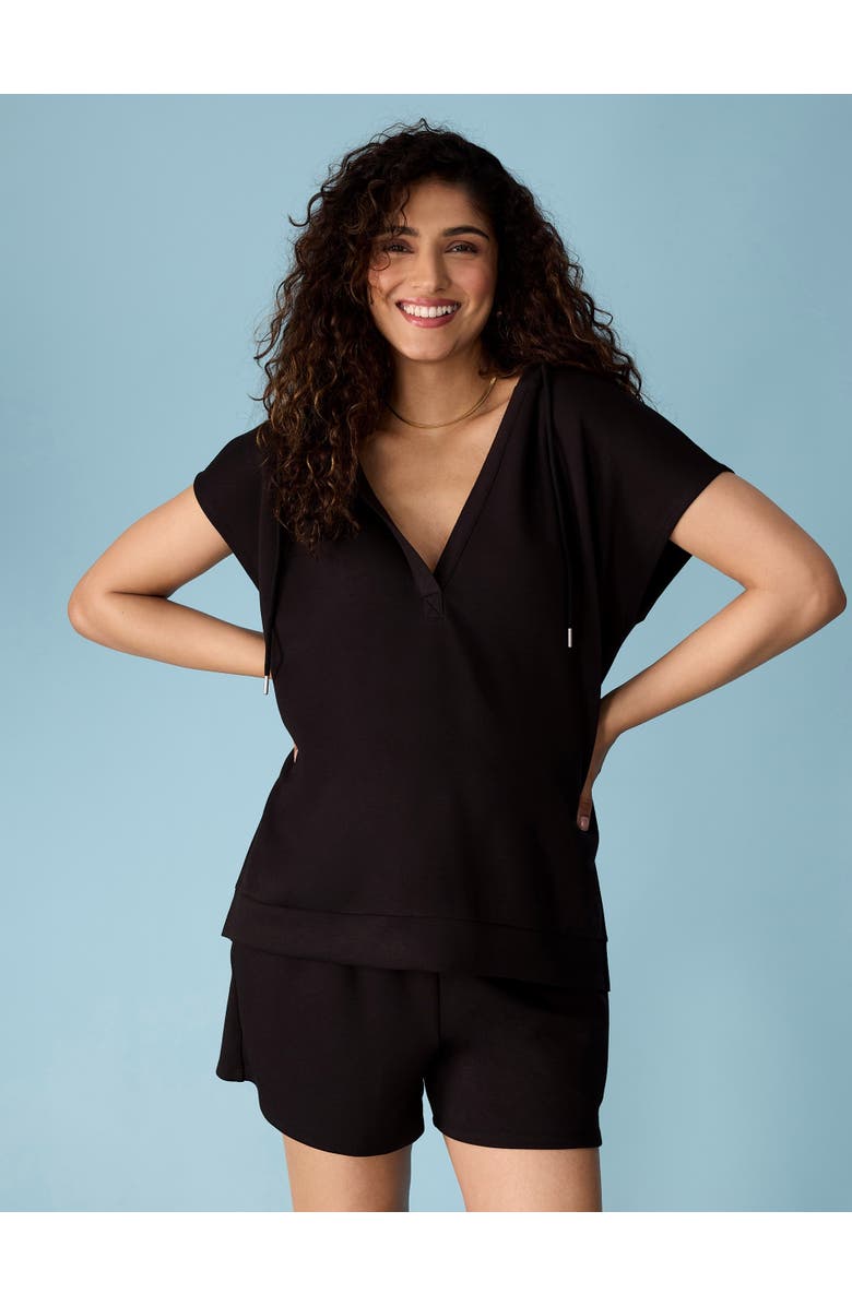 MOTHERHOOD MATERNITY V-Neck Short Sleeve Hooded Top, Alternate, color, Black