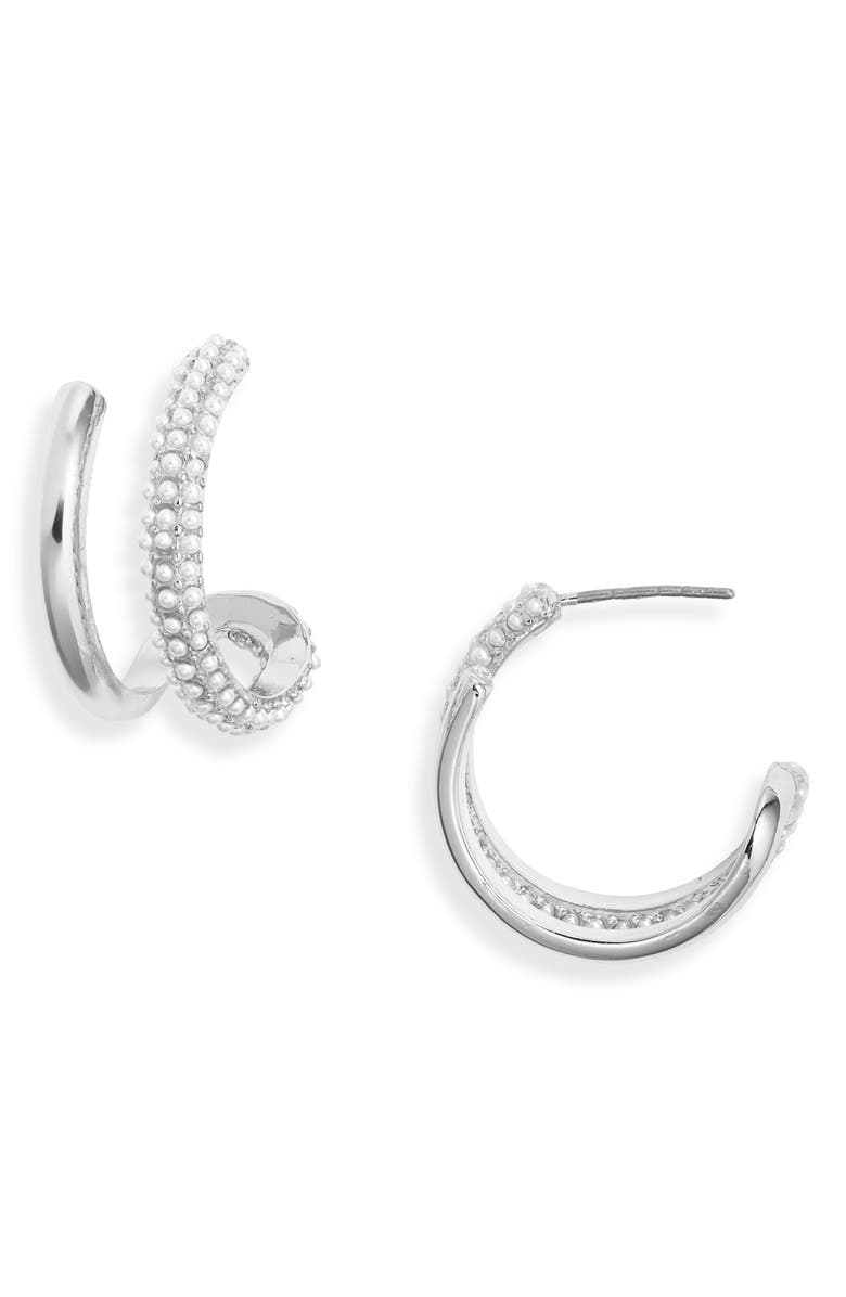 Open Edit Faux Pearl Hoop Earrings, Main, color, White- Silver