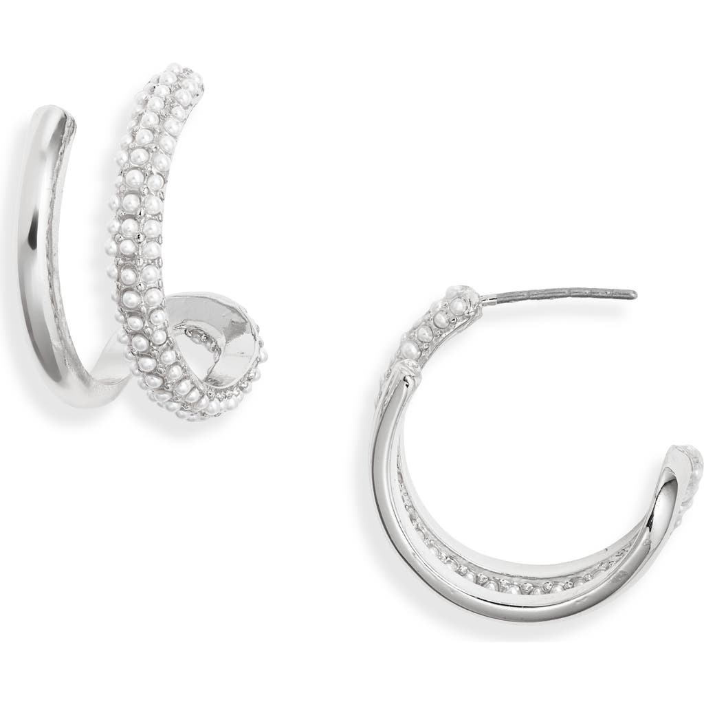 Open Edit Faux Pearl Hoop Earrings In Silver