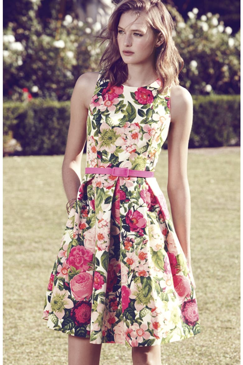 Belted Print Faille Fit & Flare Dress, Alternate, color, PRINT