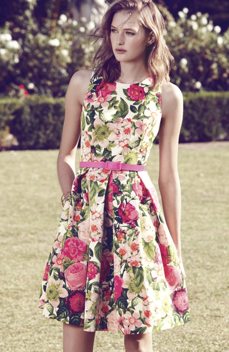 Eliza J Belted Print Faille Fit & Flare Dress, Alternate, color, 