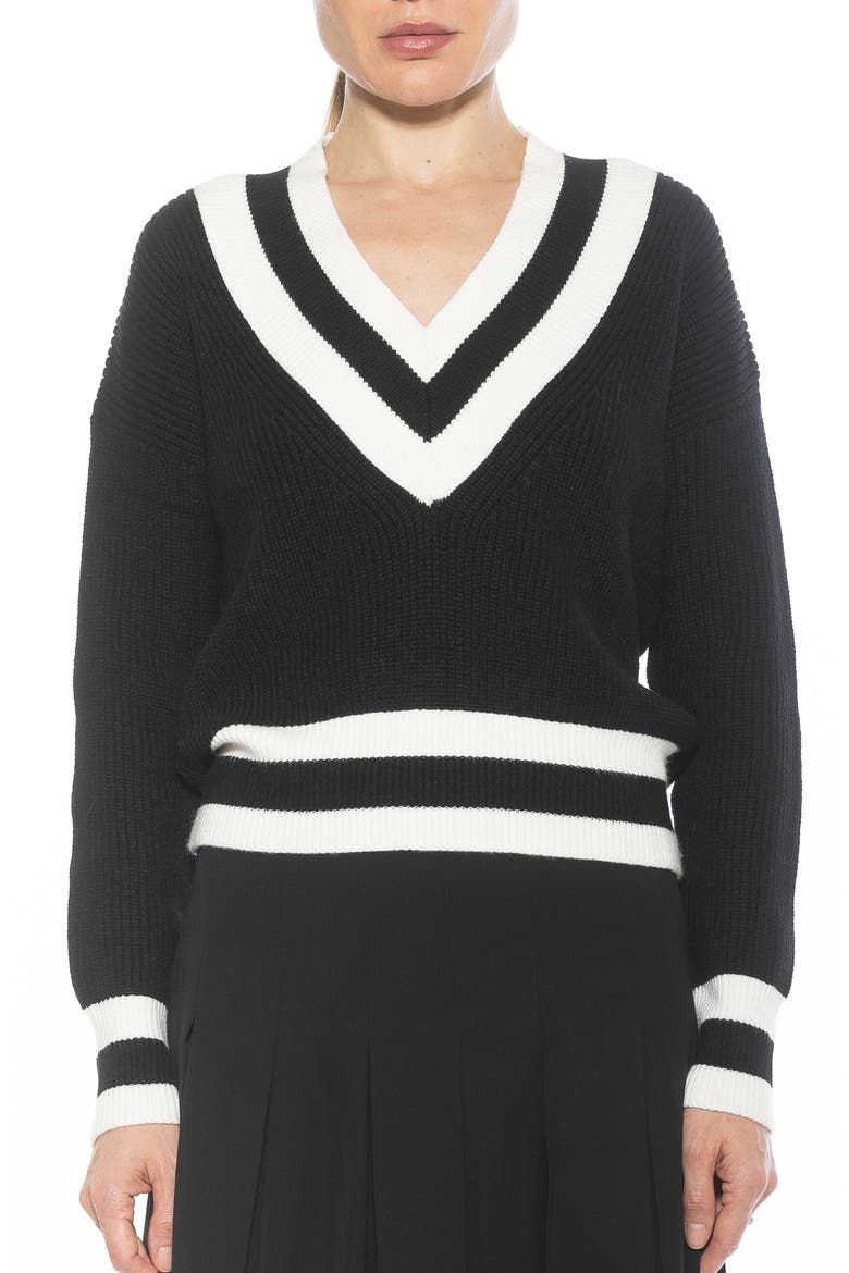 Leona V-Neck Varsity Polo Sweater, Main, color, BLACK/ IVORY